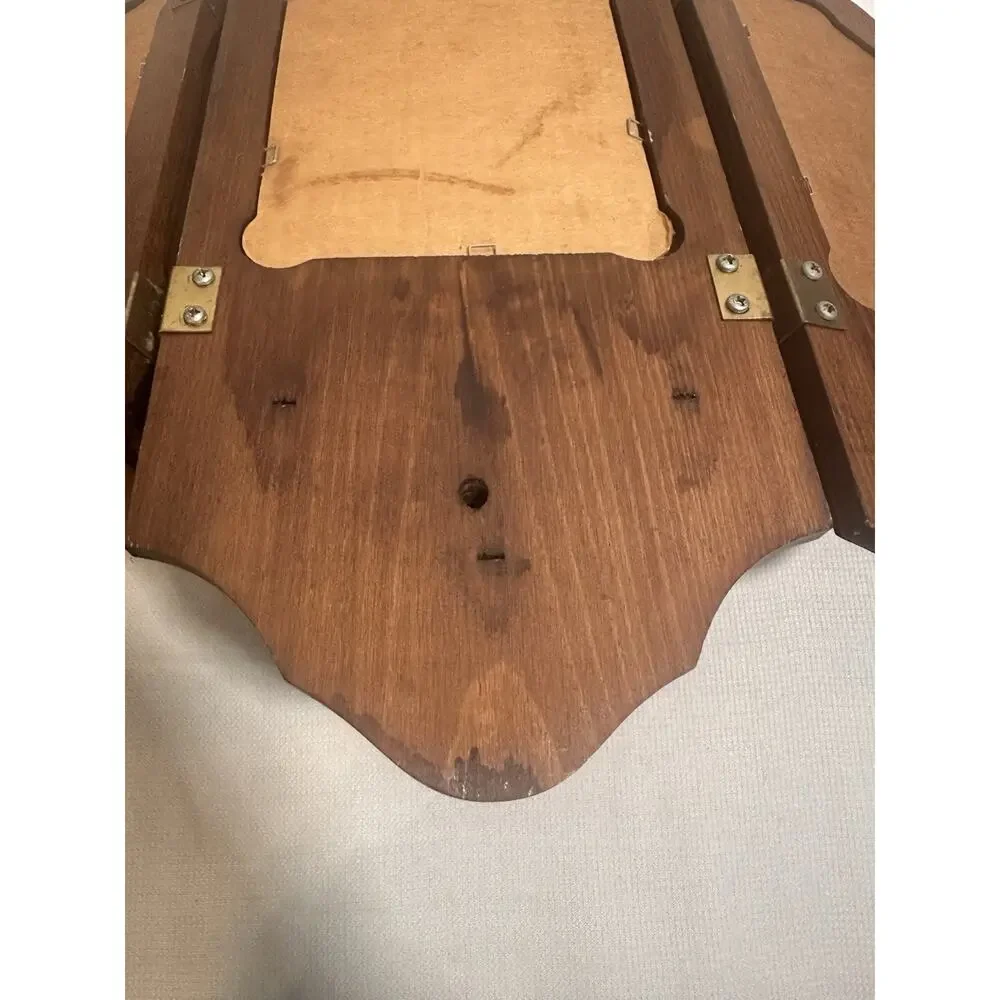 Vintage MCM Tri-fold Handcrafted Wooden Wall Sconce Mirror Candle Holders